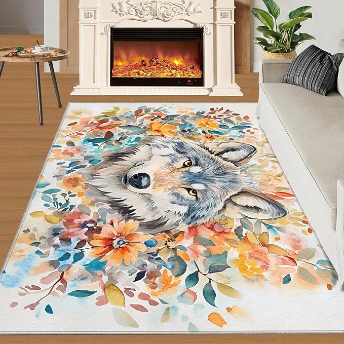 3x6 Wolf Bedroom Rug Under Bed - Watercolor Florals Kids Room Rugs, Animals Bedroom Runner Rug Soft Washable for Living Room Kitchen