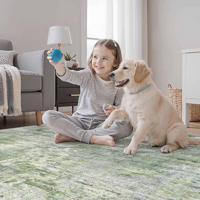 Area Rugs 4x6 for Living Room, Vintage Washable Rugs for Dining Room, Kitchen, Non-Slip Area Rug Green Ivory