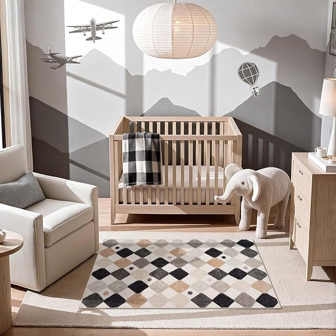 jinchan Macy Area Rug 3x5 Kids Washable Indoor Non-Slip Black and White Modern Soft Rug Elementary School Classroom Diamond Carpet for Nursery Playroom Daycare Bedroom Living Room Marble on Cream