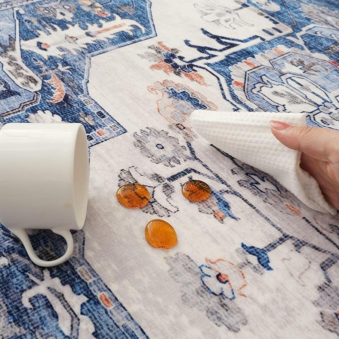 Rugcomf Vintage Medallion 3'x5' Washable Rug - Non-Slip Low Pile Area Rug, Small Boho Carpet for Bedroom, Bedside, Kitchen, Entryway, Kids/Girls Room, Office - Blue