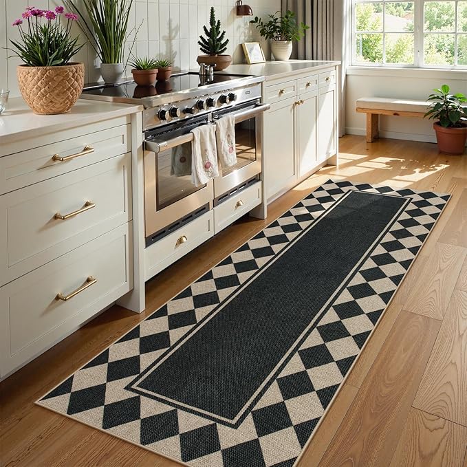 Moynesa Easy Jute Hallways Runner Rugs Washable 2x6 Entryway Rug Runners for Kitchen Black Checkered Indoor Outdoor Carpet for Entryway Patio, Diamond Grid Mat for Bathroom Bedroom Laundry