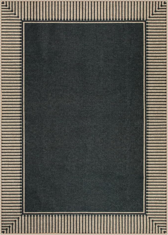 Moynesa Striped Border Easy Jute Outdoor Rug 5x7 Area Rugs for Living Room, Washable Indoor Outdoor Patio Rug Non Slip Low Pile, Black Farmhouse Carpet for Backyard Bedroom Dining Room