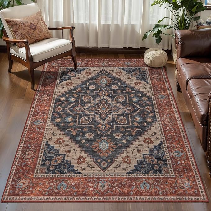 Tangsoo 3x5 Washable Rug, Vintage Rugs Indoor Area Rugs, Boho Non Slip Accent Rug Carpet, Soft Low Pile Rugs for Living Room Dorm Bedroom Bedside Entryway Bathroom Home Decor Dark Blue/Orange