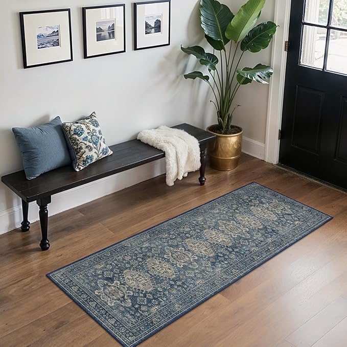 Bavni Washable Runner Rug 2x6, Non Slip Hallway Rug, Vintage Aesthetic Thin Low Pile Washable Carpet for Kitchen Bedroom Entryway, Blue