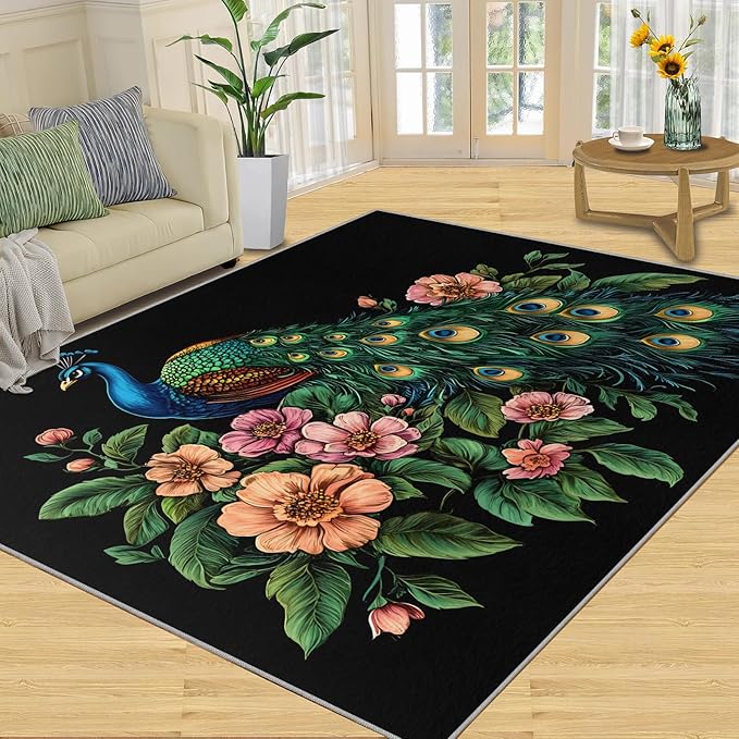 Peacock Peony Rugs for Bedroom - 6x8 Rug, Classic Peacock Peony Area Rugs for Living Room, Teal Turquoise Carpet, Floral Plant Washable Area Mat, Aesthetics Carpet - Peafowl Home Decor & Gifts