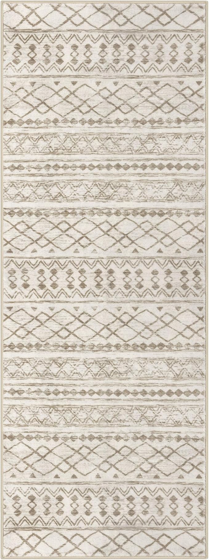 KUTA Moroccan Washable Runner Rug 2.6x8, Non-Slip Vintage Beige Boho Hallway Runners Kitchen Rugs Ultra Soft Print Distressed Geometric Floor Carpet for Bedroom Laundry Living Room