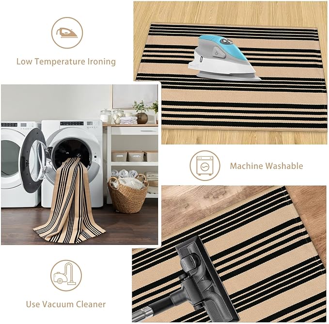 Black and Khaki Striped Rugs 3x5, Outdoor Cotton Hand Woven Front Door Mat,Washable Reversible Layered Door Mats, Foldable Front Porch Rug for Entryway/Home Entrance/Farmhouse