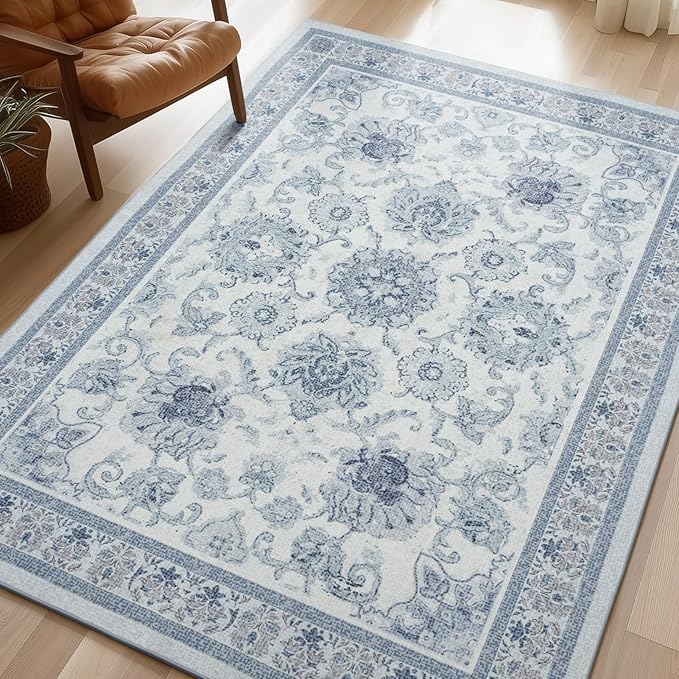 Phantoscope Washable Area Rug 9'x12' Non-Slip, Vintage Neutral Rugs for Living Room, Bedroom, Dining Room, Distressed Boho Floral Medallion Pattern, Low-Pile Foldable Floor Carpet, Blue/White