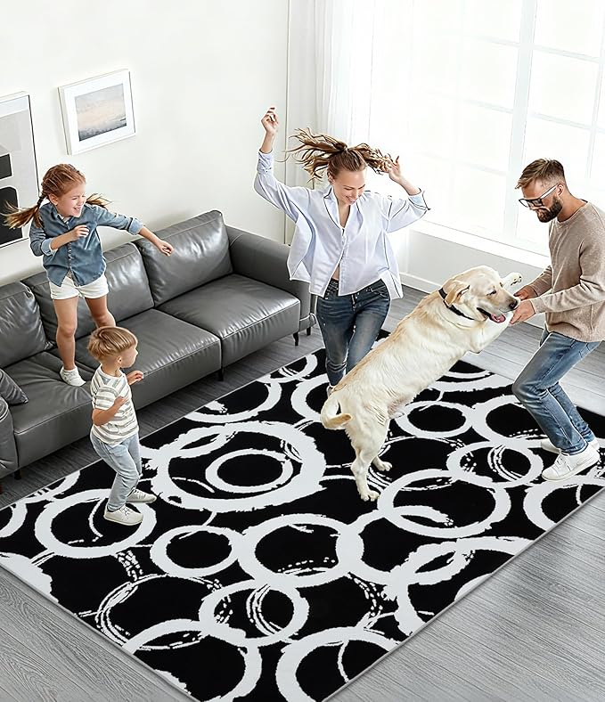 YIHOUSE Black Modern Geometric Area Rug 5x7, Black and White Rug with Abstract Circles,Non-Shedding Washable Rugs for Bedroom, Home Office and Small Living Room