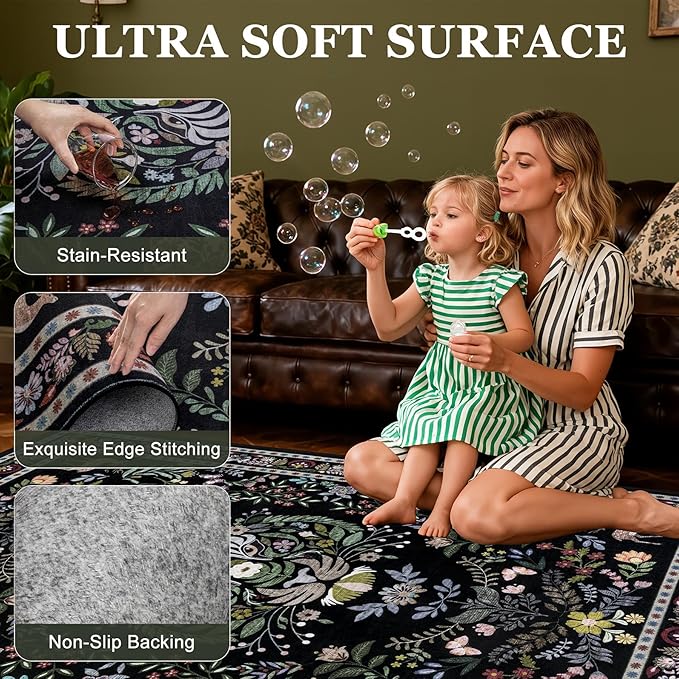 6x9 Area Rugs Living Room Rug: Vintage Washable Rug Floral Soft Carpet Indoor Floor Non-Slip Boho Stain Resistant Large Carpets for Bedroom Kids Nursery Dining Room Farmhouse Home Office Black