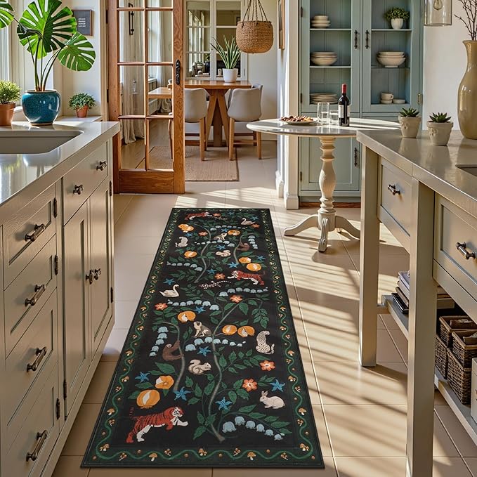 Collive Runner Rugs for Hallways, 2x6 Jungle Animal Kitchen Rugs Non Slip Washable Bathroom Runners Rug, Black Soft Ultra Thin Laundry Carpets Stain Resistant Indoor Mats for Entrance, Bedroom