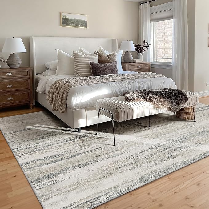 MUJOO 9x12 Area Rug,Washable Rugs for Living Room Bedroom Dining Room,Modern Abstract Large Non Slip Throw Carpet Indoor,Low Pile Accent Neutral Beige and Grey