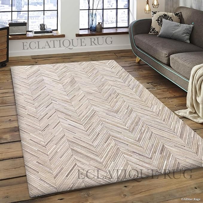 Elegant Rectangular Rug Cowhide Leather Luxury Non Slip Chevron Patchwork Area Rug for Living Room, Home Décor and Indoor Carpet (Beige-8 x 10 ft)