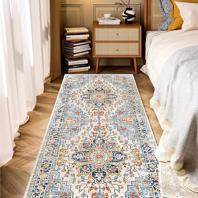 VK VK·LIVING Machine Washable Rug 2'x6' Vintage Design Washable Runner Area Rugs with Non Slip Rugs for Living Room Bedroom Traditional Woven Carpet Stain Resistant Dining Boho Rug (Blue&Orange)