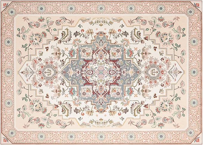 Phantoscope Washable Area Rug 5'x7' Non-Slip, Vintage Boho Rugs for Living Room, Bedroom, Dining Room, Persian Floral Medallion Pattern, Low-Pile Foldable Floor Carpet, Ivory Rose/Fall Bloom