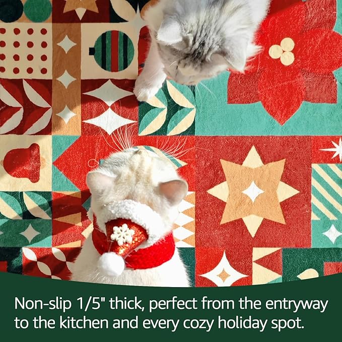 jinchan Round Christmas Rug 5ft for Living Room Washable Circle Christmas Bedroom Rug 5' Round Xmas Geometric Non-Slip Soft Carpet Festive Red-Green Holiday Patch Decor for Entryway Porch Kitchen