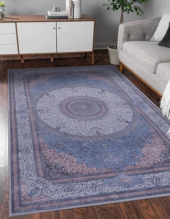 GLN Rugs Traditional Collection - Machine Washable Area Rug, Traditional Washable, Non Slip, Low Pile Chenille Rug, Living Room, Bedroom, Kitchen Rug (3' x 5' Navy/Off White)