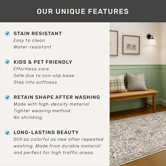 Traditional Oriental 5x8 Floor Rugs for Living Room, Washable Floral Area Rug for Dining Room Under Table, Low Pile Soft Bedroom Carpet, Vintage Brown Taupe Design, Boho Home Décor