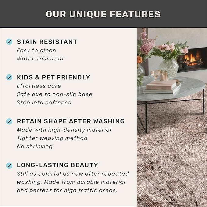 Large Entryway Rug Washable - Warm & Retro Décor, Brown with Red Accent Rug for Mudroom, Foyer, Hall, Living Room, Washable Low Pile Stain Resistent
