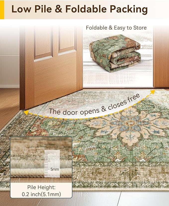 Area Rugs Square 4ft Washable Non-Slip, Floral Vintage Distress Print Pattern Medallion Carpet for Living Room Bedroom Dining Room, Brick Red Rust Neutral Brown Burnt Orange Green