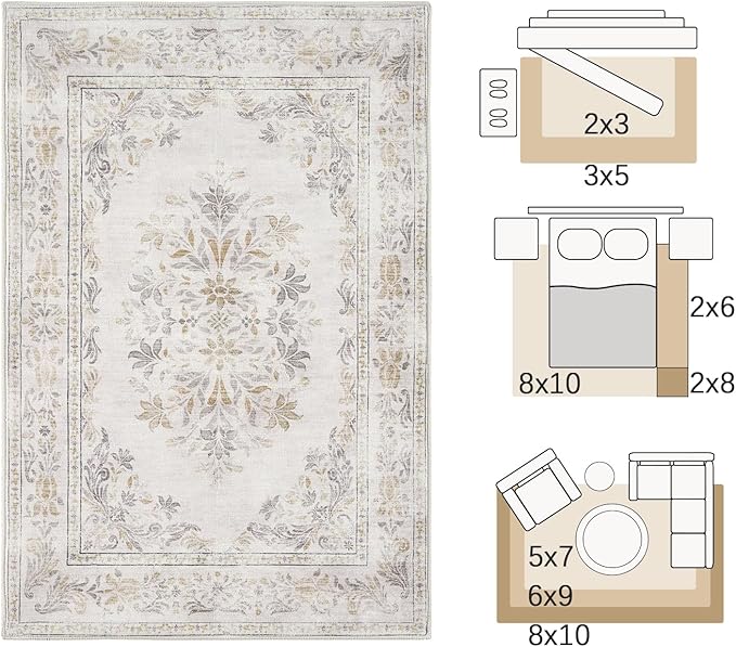 jinchan Vintage Floral 6x9 Area Rug for Living Room - Machine Washable Distressed Design Soft Throw Rug Ultra-Thin Non-Slip Large Carpet for Bedroom Nursery Dining Room Home Office (6x9ft, Light Grey)