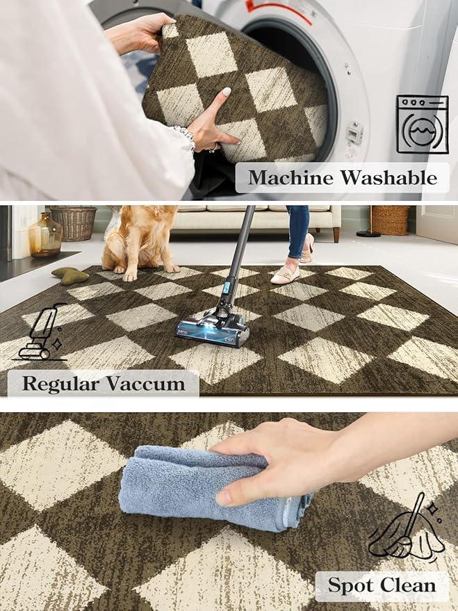 Lahome Machine Washable 3x5 Area Rug, Soft Rugs for Entryway Non Slip Kitchen Rugs, Moroccan Trellis Non Slip Non Shedding Printed Indoor Front Door Carpet for Bathroom Entrance, Brown