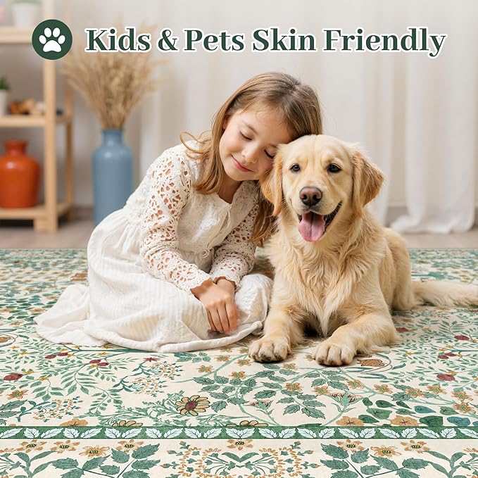 8x10 Area Rugs Living Room Rug - Floral Vintage Forest Washable Carpet, Low Pile Non-Slip Stain Resistance Boho Soft Large Carpet for Bedroom, Dining Room, Office, Farmhouse (8'x10' Beige Green)