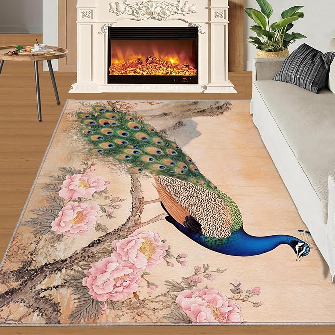 Peacock Peony Area Rug 3x4-3x4 Rug, Classic Peacock Peony Rugs for Living Room, Floral Animal Carpet, Peafowl Feather Washable Area Rugs for Bedroom, Aesthetics Carpet - Peafowl Home Decor & Gifts