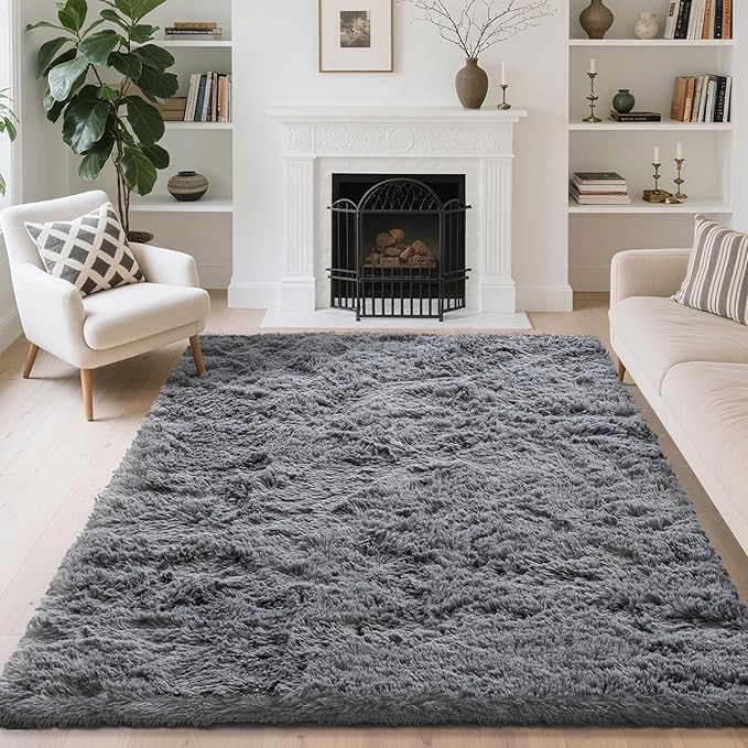 5x7 Area Rugs for Living Room Bedroom, Soft Fluffy Shaggy Bedside Rug, Indoor Floor Carpet for Kids Playroom, Dorms, Nursery Rooms, Home Decor (Grey 5'x7')