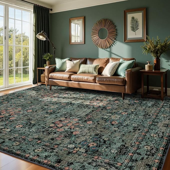 Boho Dark Green Floral Area Rug 8x10 for Living Room, Washable Farmhouse Moody Rug for Bedroom, Dining Room Under Table, Cottage Core Distressed Low Pile Non Slip Carpet, Soft Large Mat