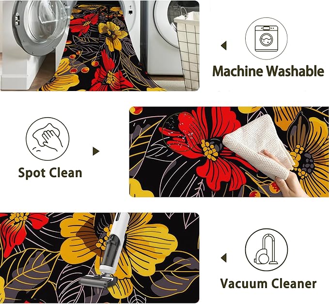 Black Floral Washable Living Room Area Rug, Low Profile Abstract Pattern, 3x5 Non-Slip Backing Carpet for Kitchen, Bedroom, Dining Room
