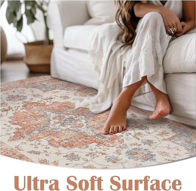 JINCHAN Area Rug 3x5 Vintage Washable Entryway Rug Floral Medallion Floor Cover Lightweight Non Slip Thin Retro Classic Soft Boho Farmhouse Carpet for Living Room Bedroom Dining Room Kitchen Brick Red