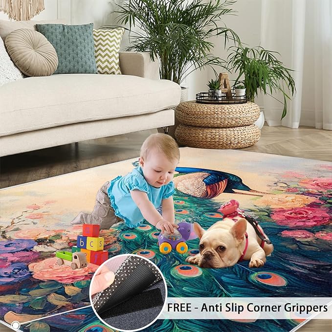 Peacock Peony Rug 6x9-6x9 Rug, Classic Peacock Peony Area Rugs for Bedroom, Teal Turquoise Rugs for Living Room, Peafowl Washable Mat, Malachite Green Feather Carpet - Peafowl Home Decor & Gifts