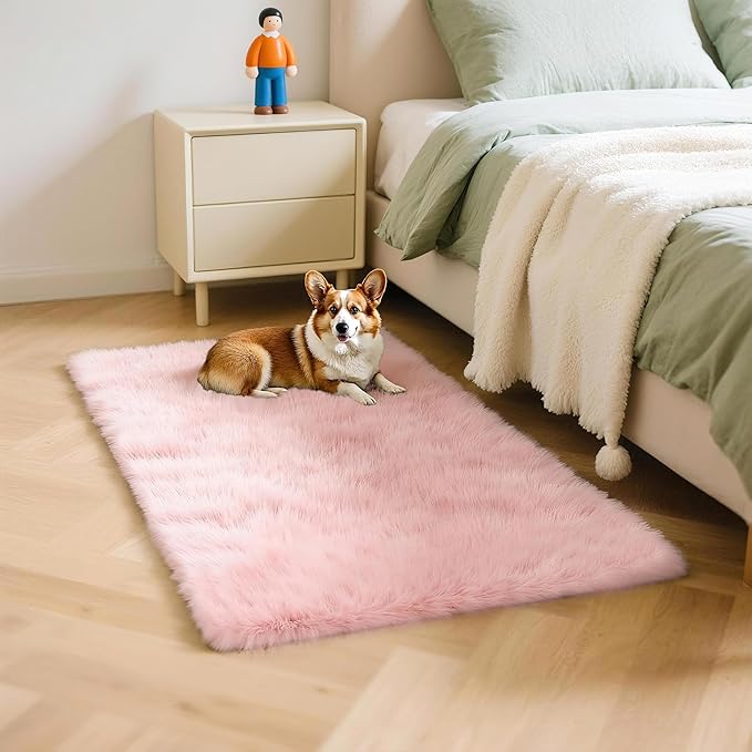 2x3 Solid Fluffy Pink Area Rug – Washable, Durable, Small Bedroom Rug, Non-Slip High Pile Shag Rugs for Living Room, Bedroom, Bedside, Dorms,Grils Rooms, Kids Room, Soft Indoor Floor Carpet