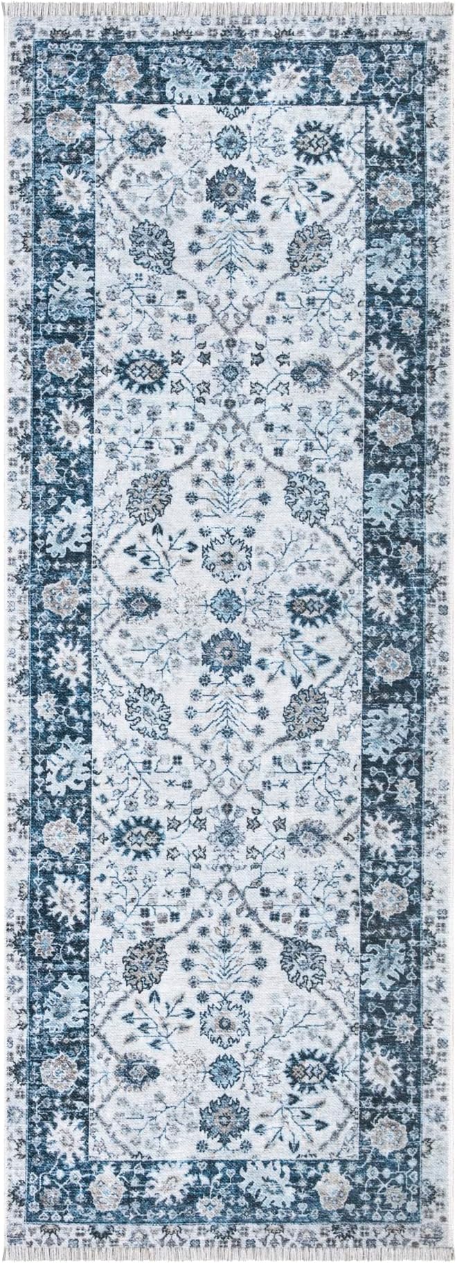 Bloom Rugs Caria Washable Non-Slip 12 ft Runner - Navy Blue Traditional Bordered Runner for Entryway, Hallway, Bathroom, and Kitchen - Exact Size: 2'6" x 12'