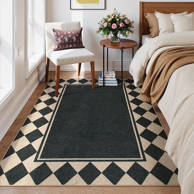 Moynesa Easy Jute Outdoor Rug 5x7 Area Rugs, Washable Checkered Rugs for Living Room Non Slip, Farmhouse Neutral Carpet for Backyard Dining Room Balcony, Black Grid Pattern