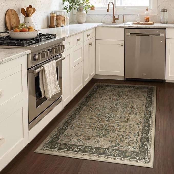 Retro Distressed 3x5 Area Rugs Washable Non Slip, Medallion Printed Small Foyer Throw Rugs for Entryway, Thin Carpet for Bedroom/Mudroom/Dorm/Bathroom/Kitchen/Closet, Multi Brown/Green