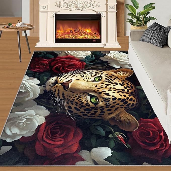 Leopard Rugs for Bedroom - 5x8 Area Rug - Flowers Leopard Rugs for Living Room, 3D Flowers Animal Rug, Washable Home Decor Carpet
