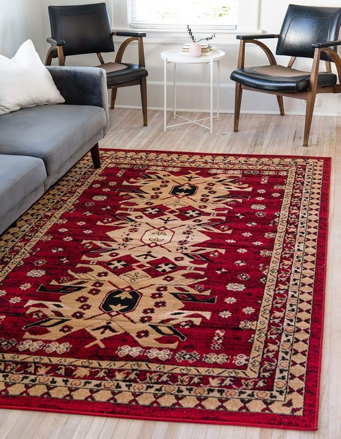 Unique Loom Taftan Collection Border Geometric Tribal Inspired Design Area Rug (9' 0 x 12' 0 Rectangular, Red/ Gold)