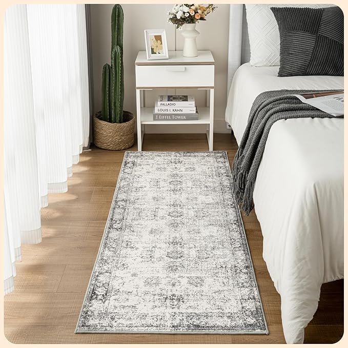 Istana Hallway Runner Rug 2x8 – White Cream/Grey Entryway Rug -Silk's Soft Touch Runners for Hallways - Stylish Kitchen Runner Rug Non Slip