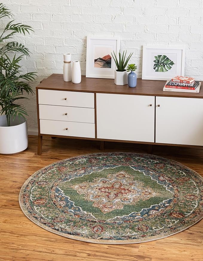 Unique Loom Isabella Collection Area Rug - Rossellini (6' 1" Round, Green/ Blue)