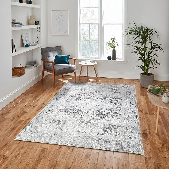 Fame Living Faded Oushak Rug, Turkish Vintage Floral Pastel Large Oversized Area Rugs for Living Room Dining Bedroom Kitchen Bathroom Nursery (848CrNv, 2' x 3')