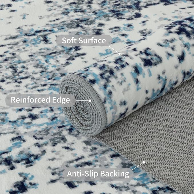 Easy-Going Area Rug 6x9 Washable Boho Rugs for Living Room Non-Slip Bedroom Rug Low Pile Lightweight Floral Print Vintage Throw Rug for Dining Room Kitchen Home Office Carpet, Blue Cream