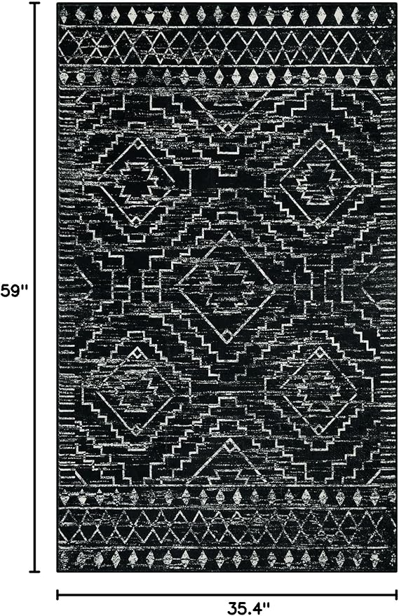 Wonnitar Moroccan 3x5 Rug, Black Washable Small Rug for Bedroom, Non-Slip Geometric Tribal Entry Throw Mat, Boho Farmhouse Rustic Soft Low Pile Area Rug for Bathroom Dining Guest Room (Black,3'x5')