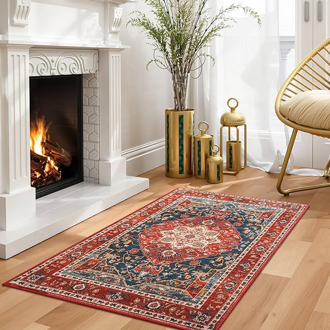 YJ.GWL Area Rug 2x3 Floral Vintage Rugs, Indoor Entrance Door Mat Small Washable Rugs, Non Slip Carpet for Living Room Entryway Kitchen, Orange-Red