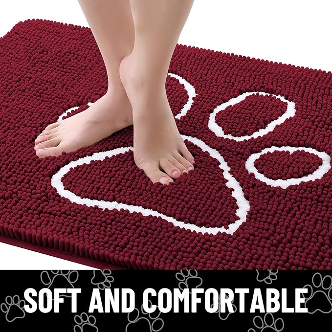 Smiry Dog Door Mat for Muddy Paws, Absorbent Dirt Trapper Non Slip Quick Dry Washable Chenille Mat for Mud Dogs, Entry Rug for Indoor and Outdoor (70x24 Inches, Burgundy and White)