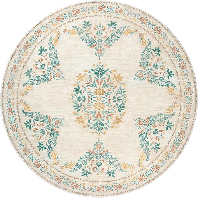 jinchan Round Rug 6ft Area Rugs Vintage Floral Distressed Design, Machine Washable Soft Non-Slip Low-Pile Ultra-Thin Circle Rug for Bedside Living Room Dining Room Bedroom (6' Round, Apricot Multi)