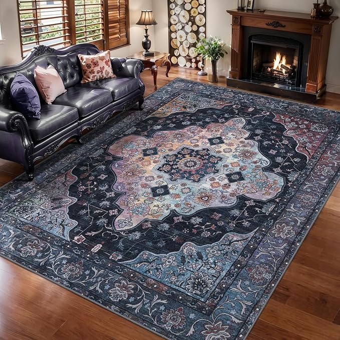 6x9 Area Rug Washable Rug for Living Room, Vintage Rug Indoor Non Slip Large Area Rugs, Print Distressed Brown Carpet, Soft Low Pile Foldable for Dining Room Bedroom Office Navy/Multi