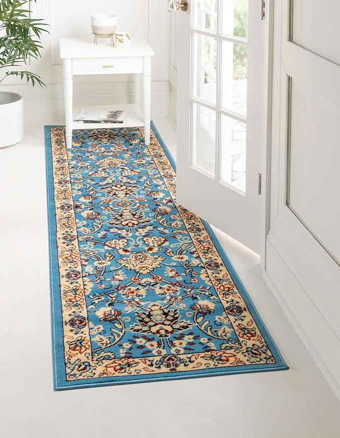 Rugs.com Yasmin Collection Rug – 10 Ft Runner Light Blue Medium Rug Perfect for Hallways, Entryways