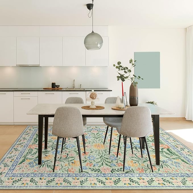 Morebes Boho Washable Area Rugs 8x10 Non Slip, Soft Floral Nursery Rug Girl Bedroom, Ultra-Thin Vintage Distressed Carpet for Living Room Dorm Aprtment, Green/Pink